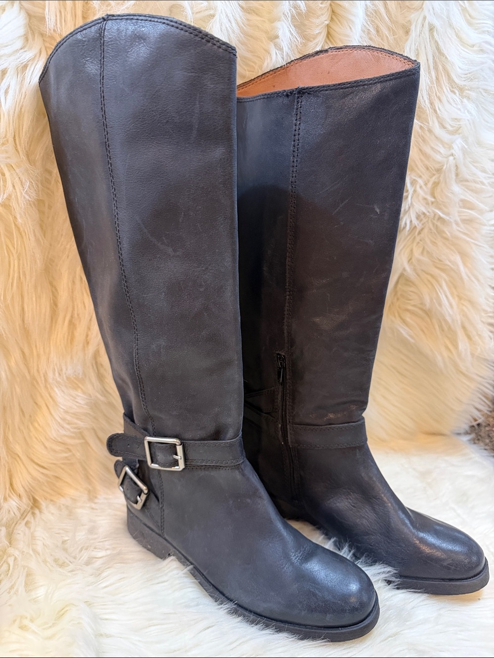 New Lucky Brand Black Tall Leather Riding Boots with Buckles -Women’s Size 8